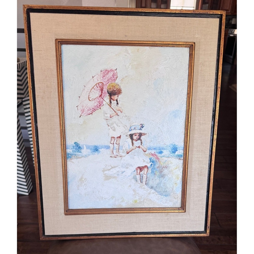 Vintage Impressionist Beach Oil Painting Girls‎ with Pink Parasol Framed Art